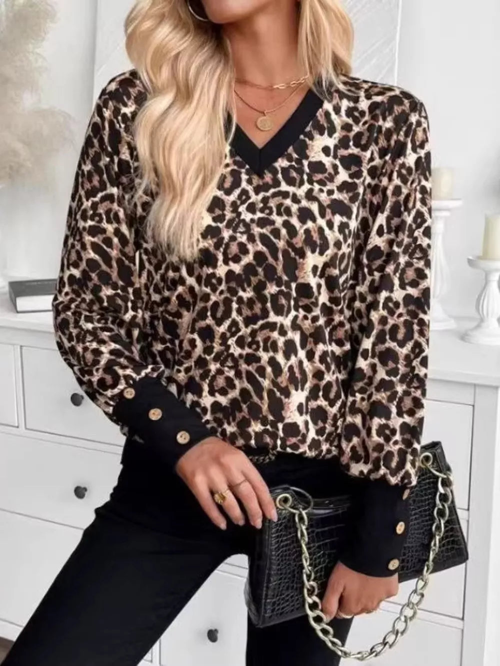 houndstooth Printed V-neck Long Sleeve T-shirt