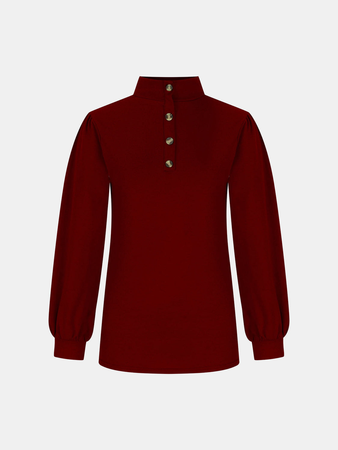 Burgundy mock neck top with button back detail and puff sleeves.