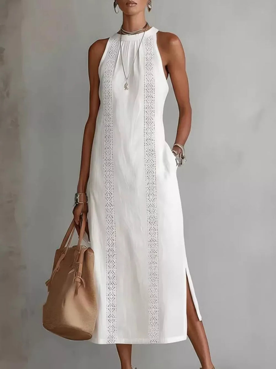 White sleeveless midi dress with geometric trim and pockets