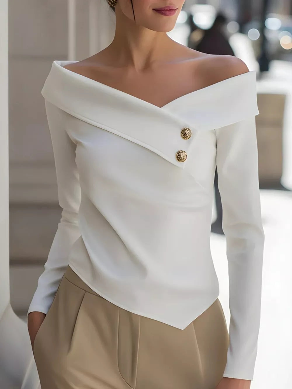 White Elegant Off-the-shoulder Blouse With Buttons