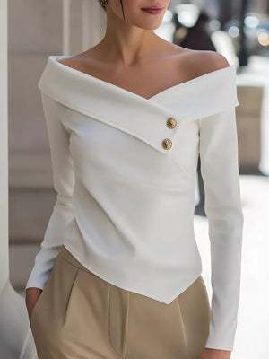 White Elegant Off-the-shoulder Blouse With Buttons