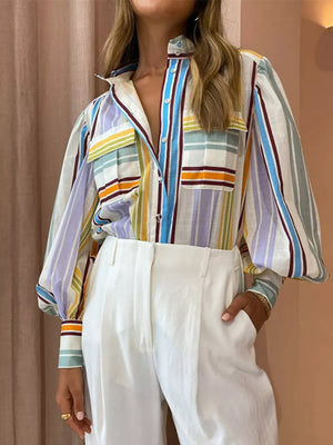 button-up shirt in light blue with patchwork and buttoned