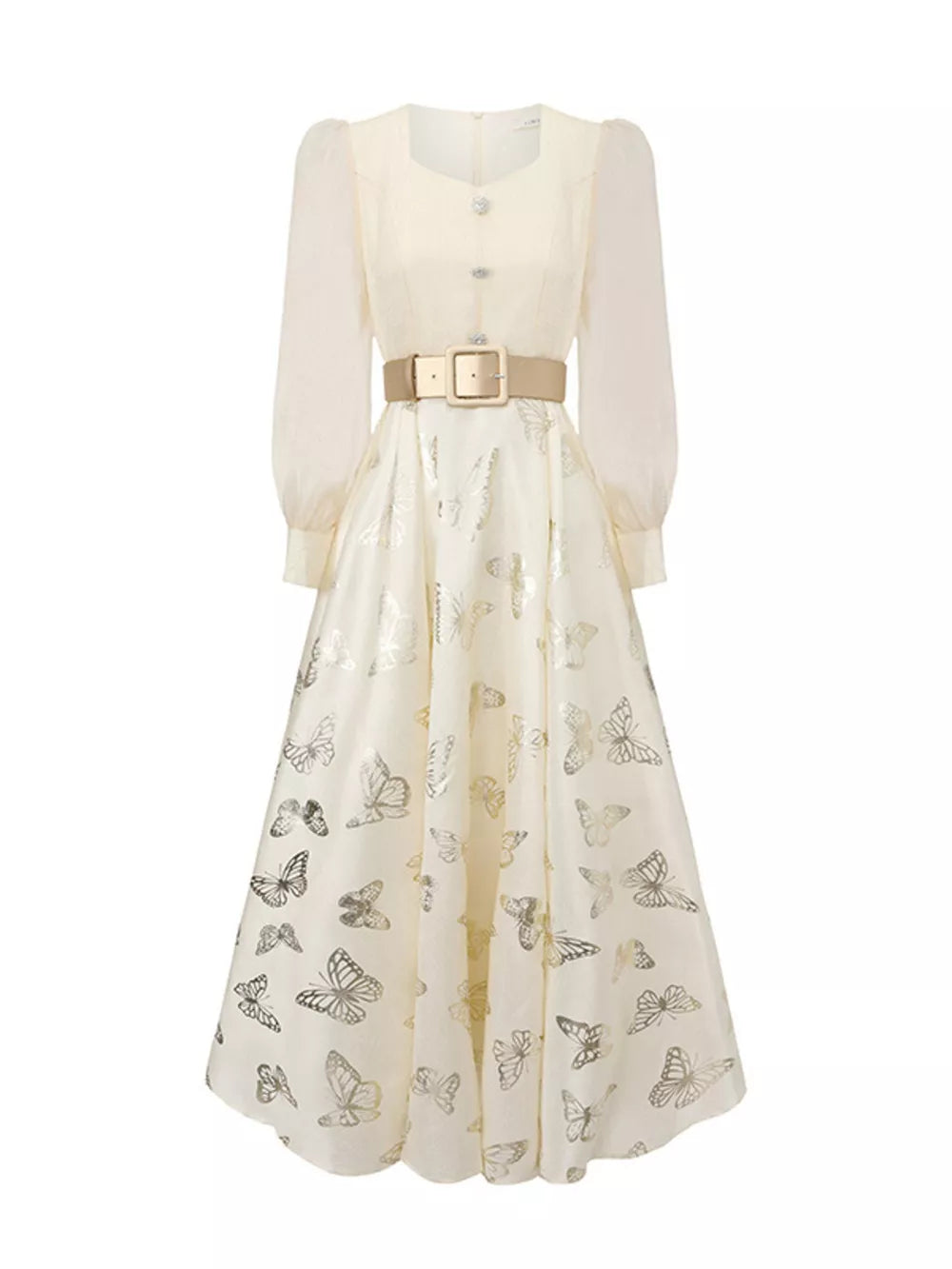 Apricot midi dress with butterfly print, cinched waist, and button-down front.