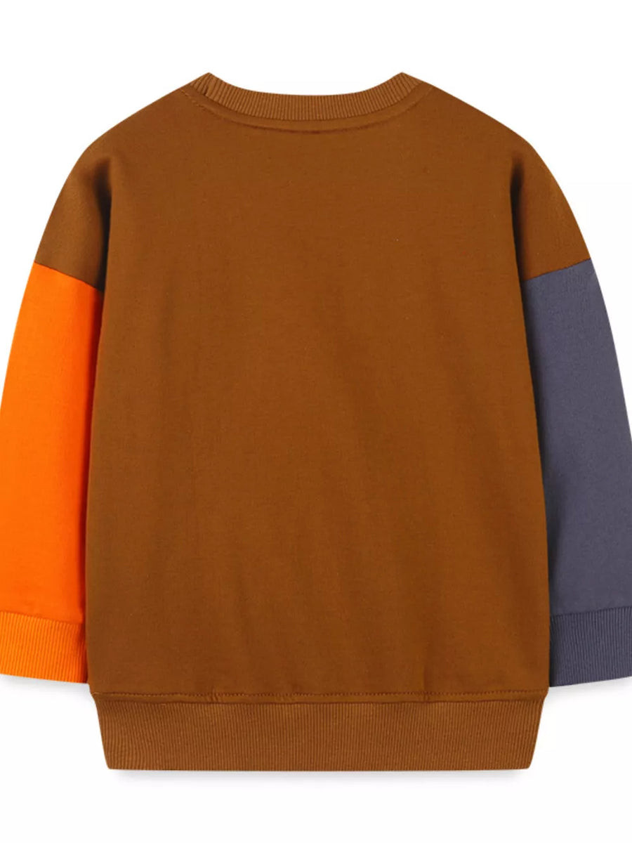 Toddler color-block sweatshirt with brown body, orange sleeves, and grey sleeves.