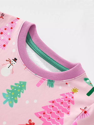 Dusty pink crew neck sweatshirt with a Christmas tree and snowman print.
