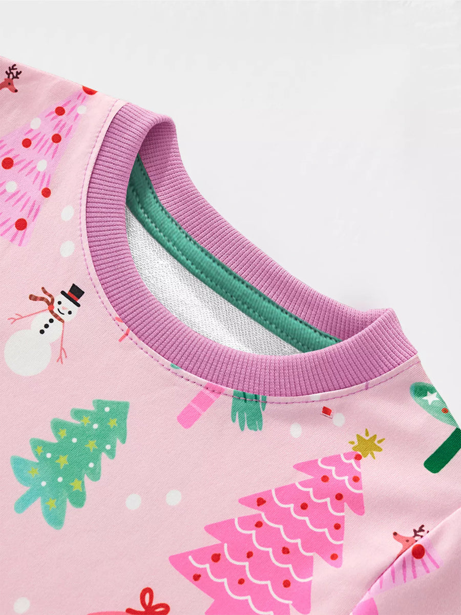 Dusty pink crew neck sweatshirt with a Christmas tree and snowman print.