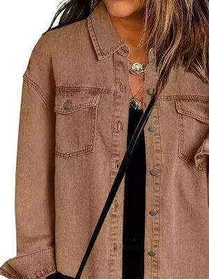 Khaki denim jacket with tunic-length and button-front
