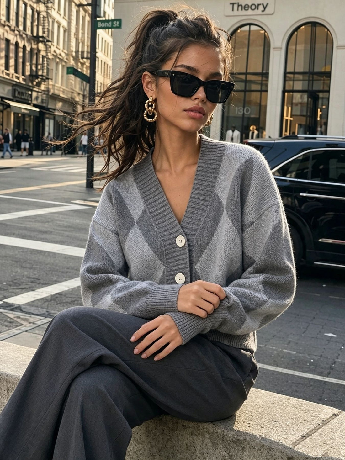 Argyle V-Neck Button-Down Cardigan in Gray
