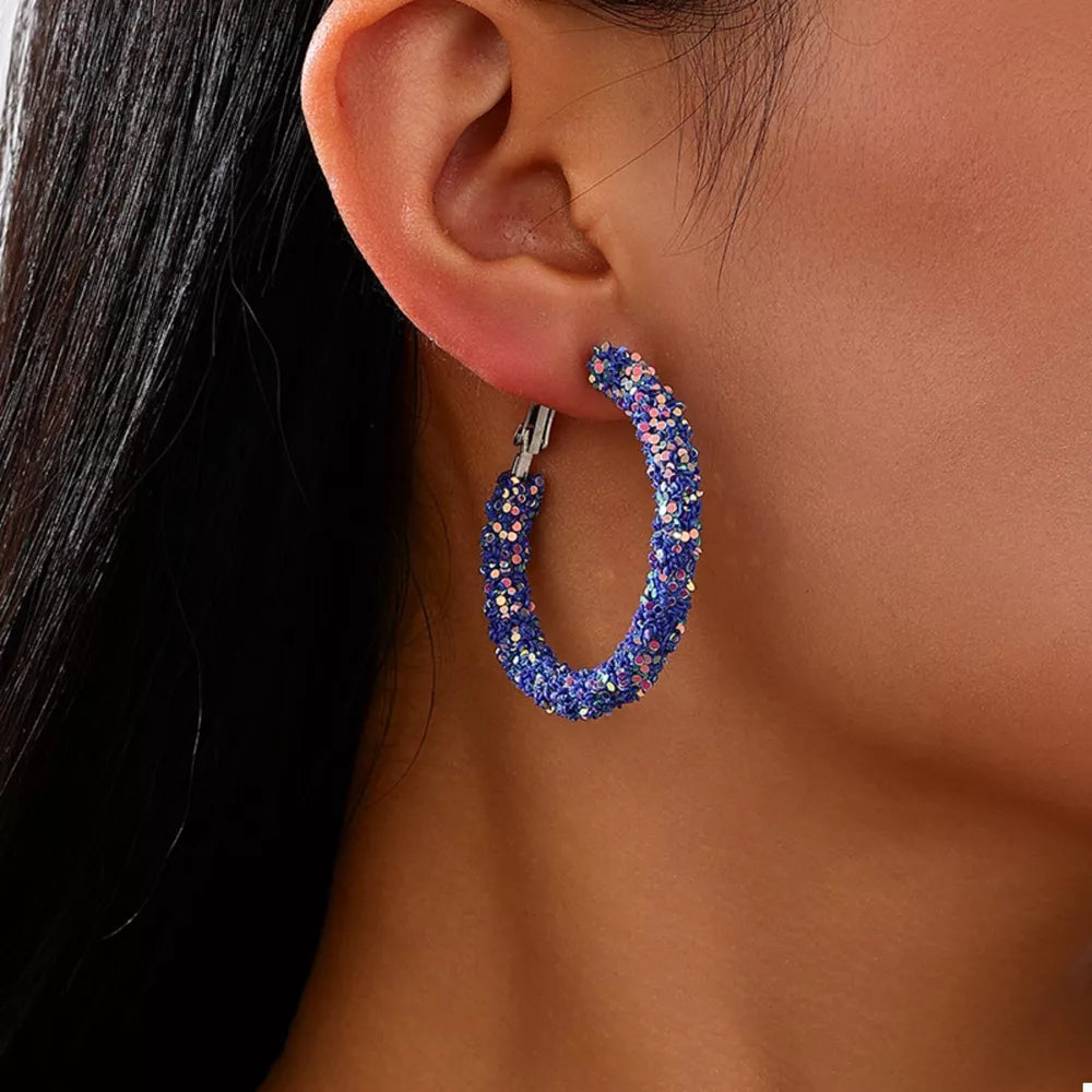 Sparkling Alloy Hoop Earrings Silver-plated in Blue with sparkling