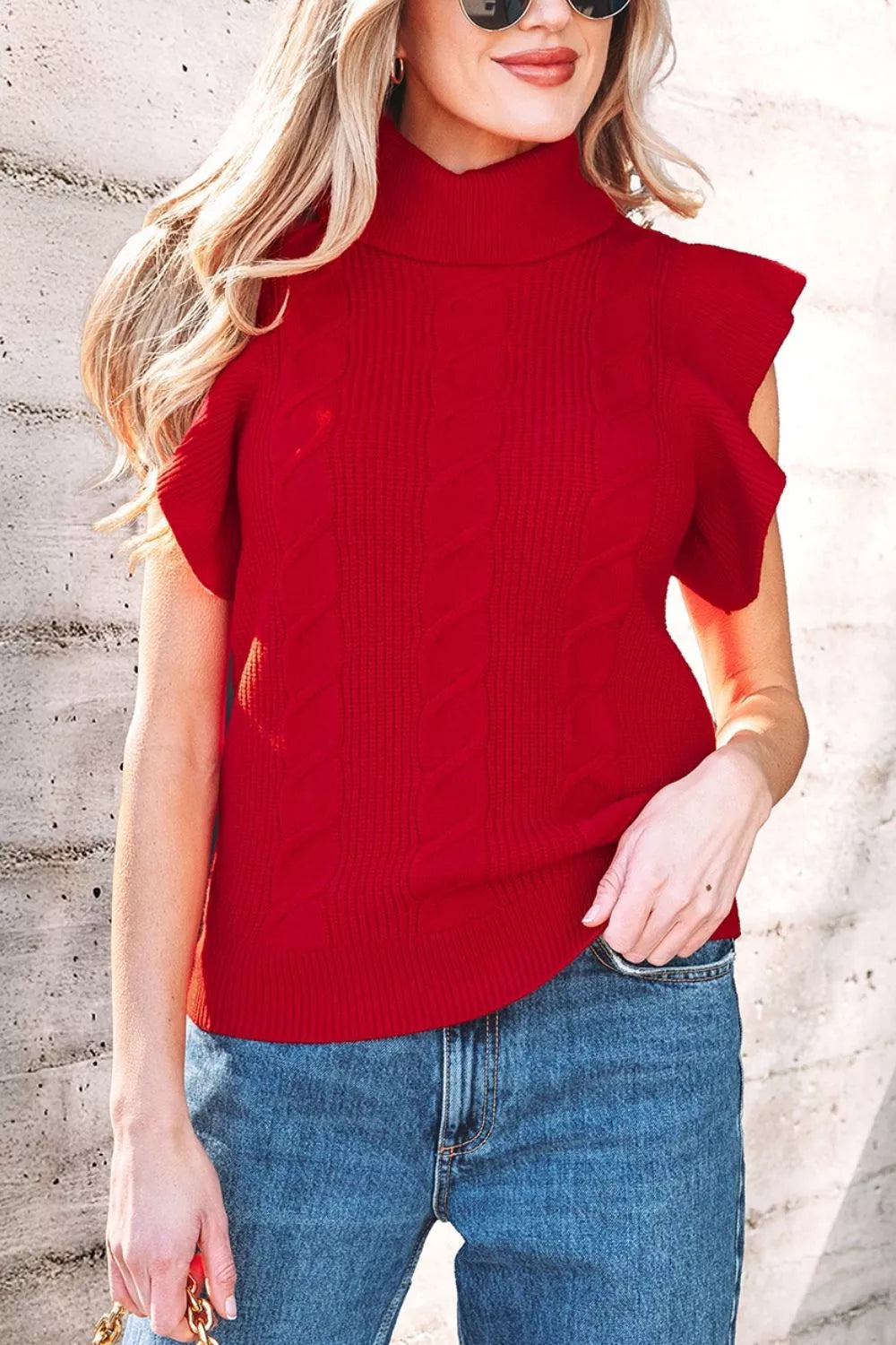 red turtleneck sweater with hip-length and pullover