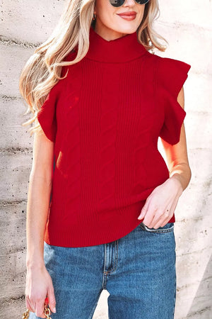 red turtleneck sweater with hip-length and pullover