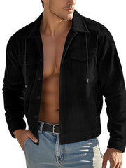 Black corduroy shirt jacket with button front, two chest pockets, and long sleeves.