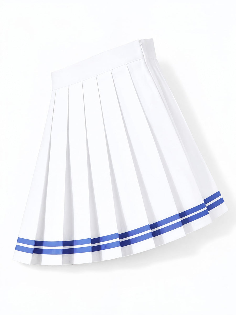 pleated skirt featuring striped in White And Blue - Striped With Built-in Shorts with Polyester, acetate, and spandex texture