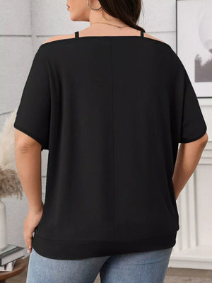 Plus-size black cold shoulder t-shirt with short sleeves and a relaxed fit.