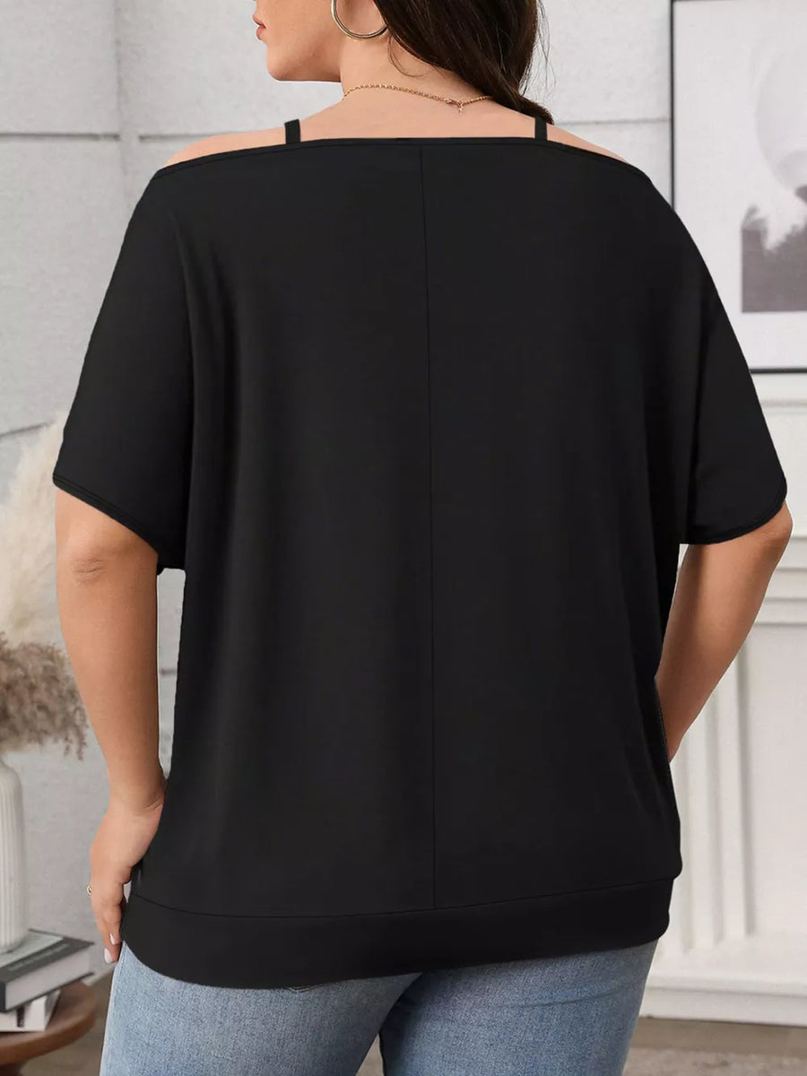 Plus-size black cold shoulder t-shirt with short sleeves and a relaxed fit.
