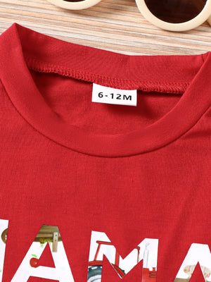 Red cotton blend baby tee with "Mama's Boy" graphic and farm imagery.