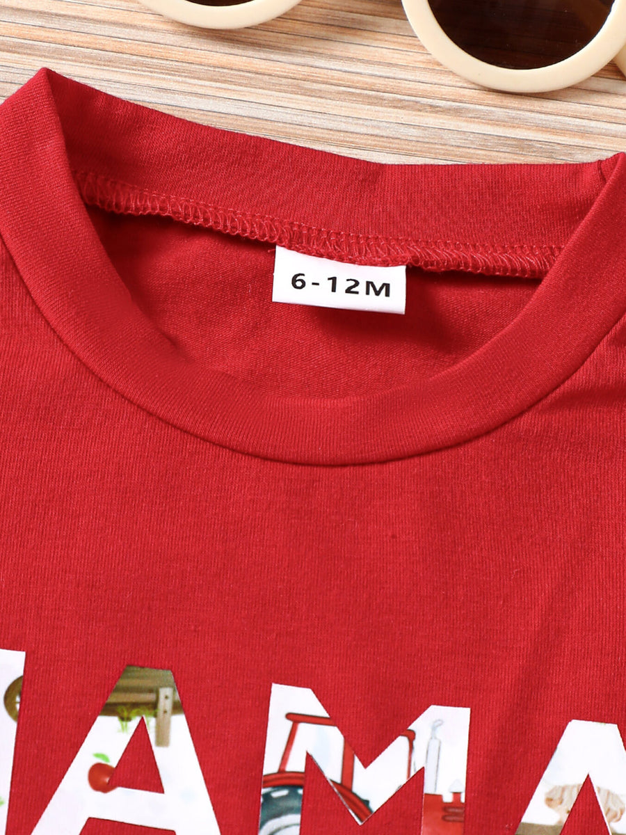 Red cotton blend baby tee with "Mama's Boy" graphic and farm imagery.