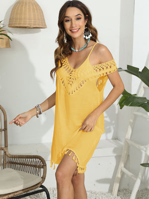 Yellow crochet yoke tassel beach dress with cold shoulder and V-neck.