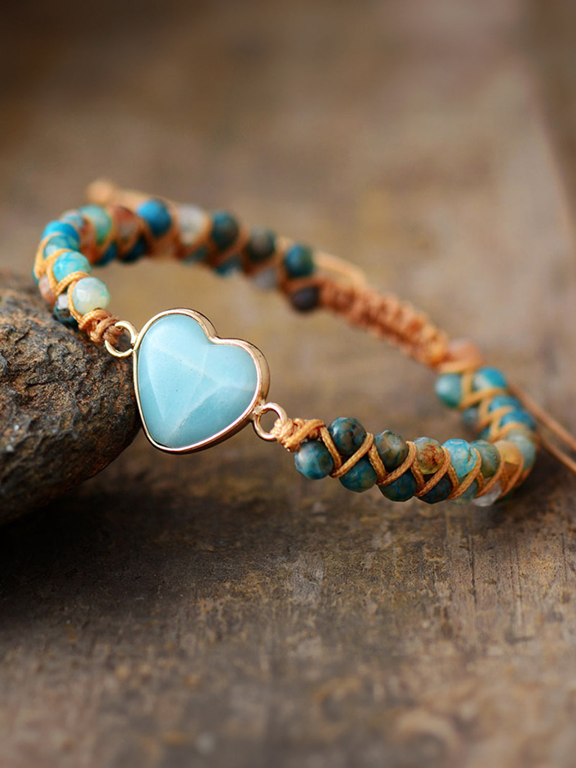 Light blue heart stone macrame bracelet with blue and beige beads