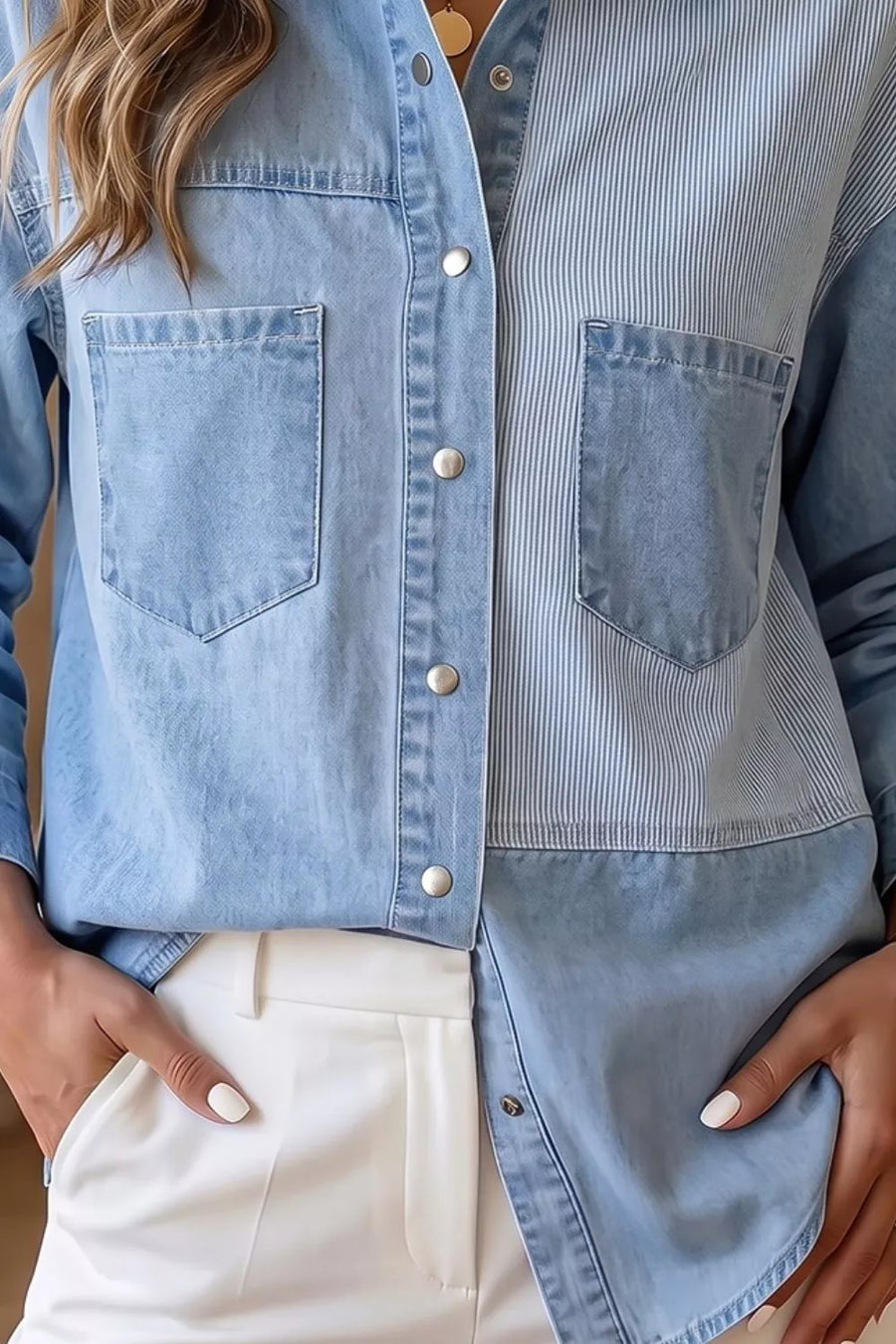 Light Blue with Two-tone Denim Patchwork Shirt
