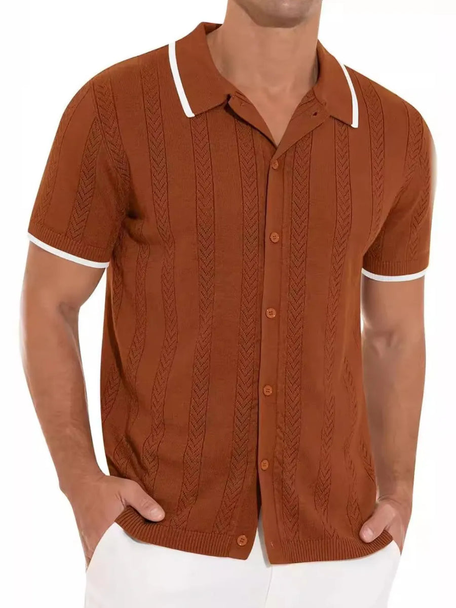 Caramel knit polo shirt with textured vertical stripes and contrast white trim on collar and sleeves.