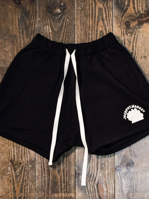 Black fleece jogger shorts with white drawstring and market logo detail