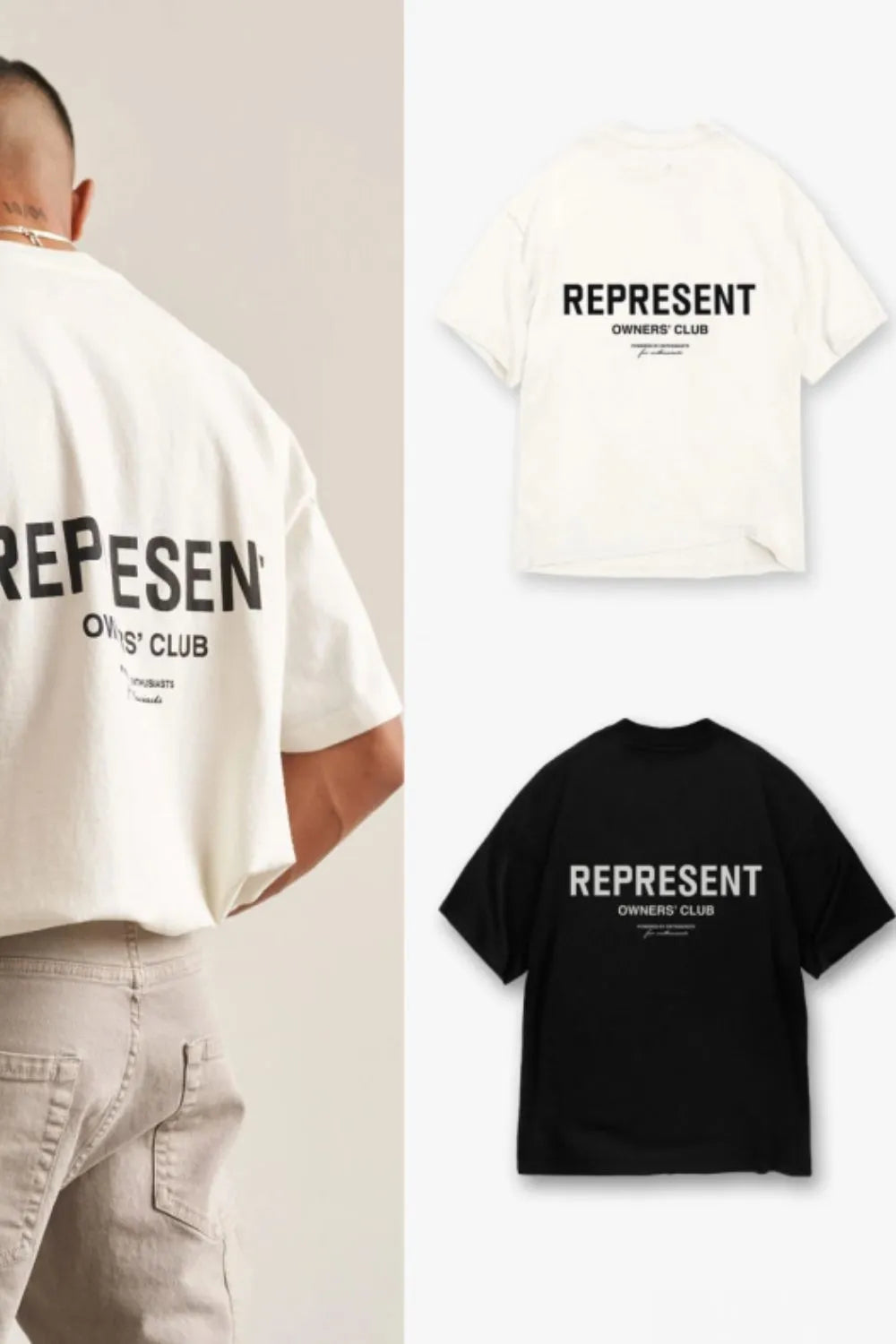 Oversized graphic tee in ivory and black with bold "REPRESENT OWNERS' CLUB" text.