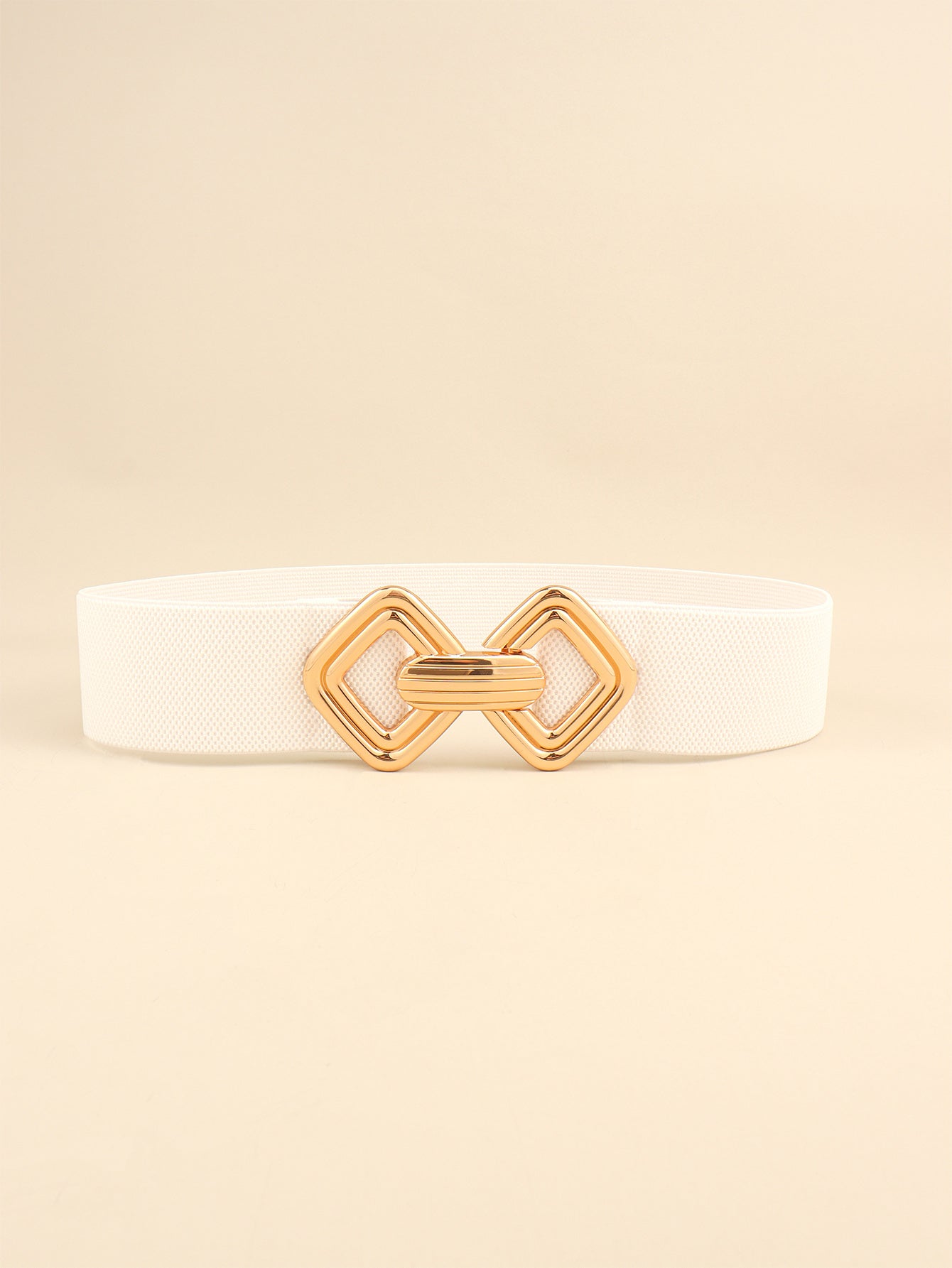 White elasticated waist belt with gold geometric buckle detail