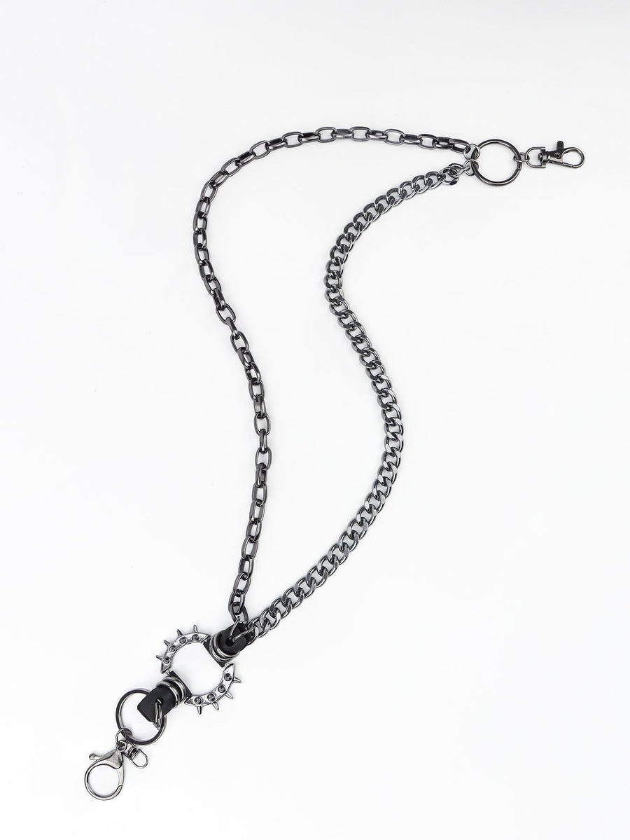 Black spiked chain harness belt with aluminium hardware and lobster clasps.