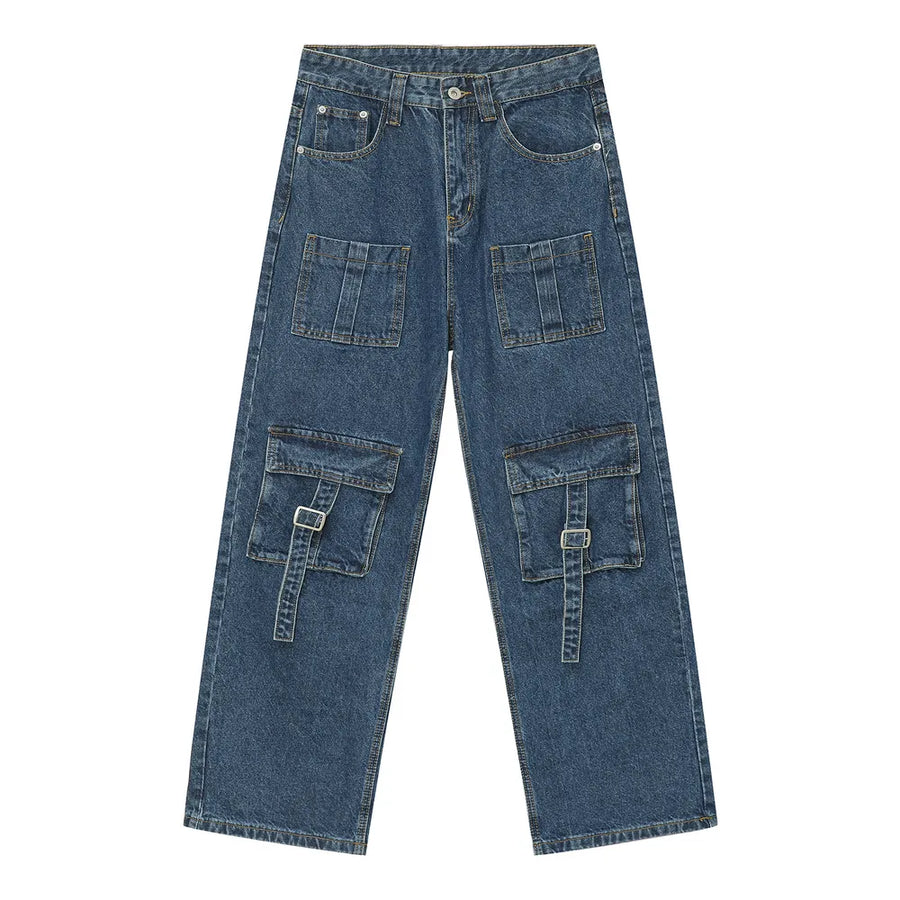 Medium wash denim cargo pants with buckle flap pockets and multiple utility pockets.