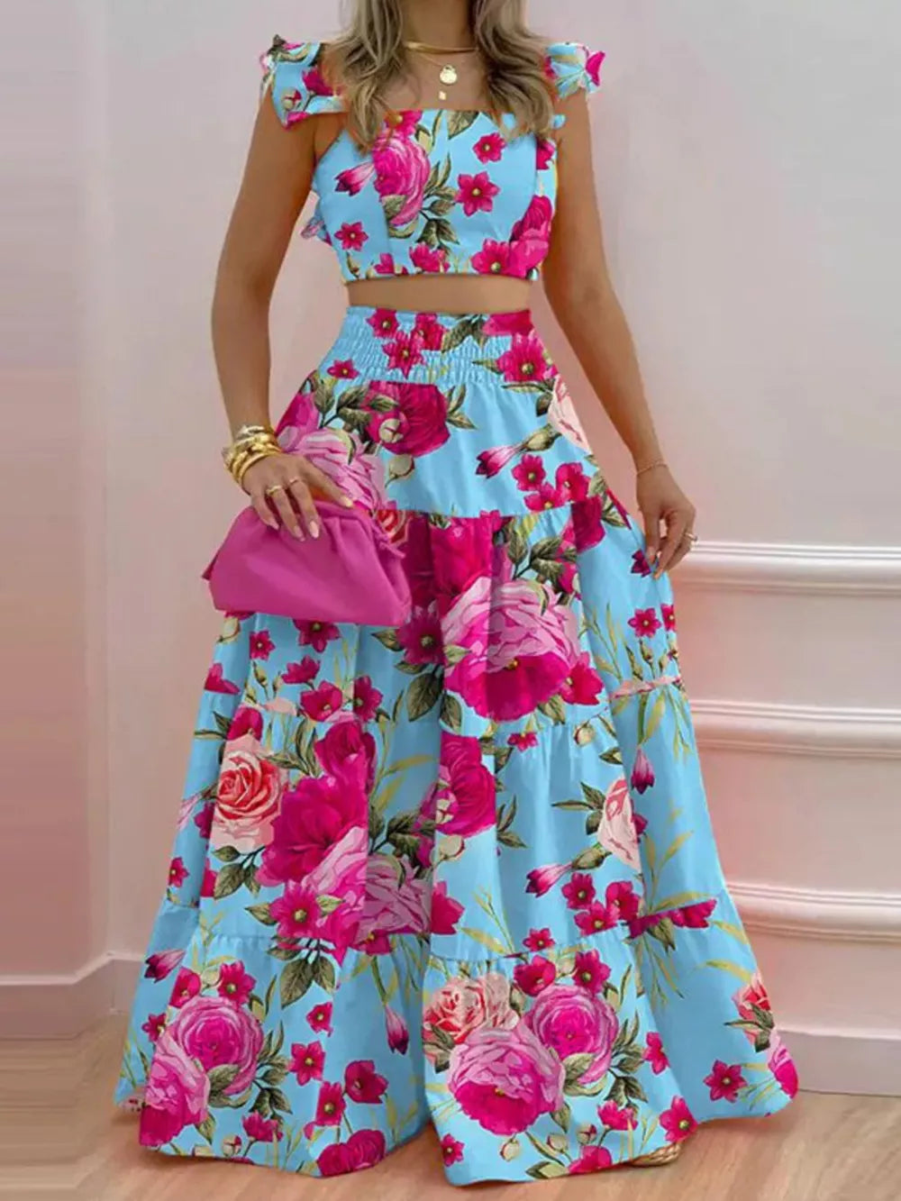 Sky blue floral ruffled crop top and tiered maxi skirt set with tie straps.