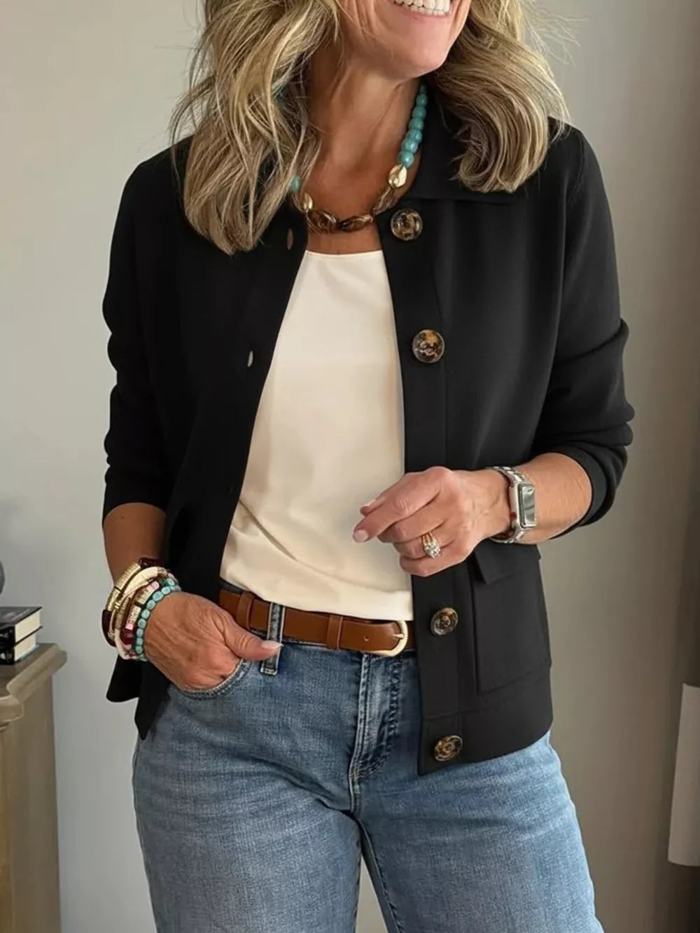 Burgundy cardigan with hip-length and button-front