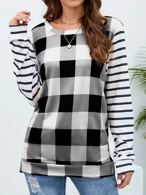 Sherbet Plaid And Stripe Contrast Long Sleeve T-shirt