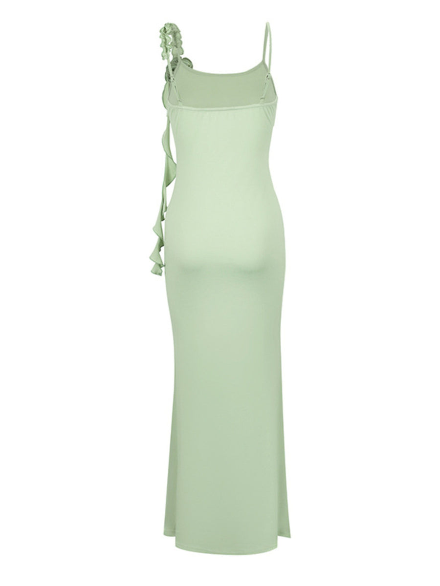 Light green ruffled mermaid maxi dress with spaghetti straps and a bodycon fit.