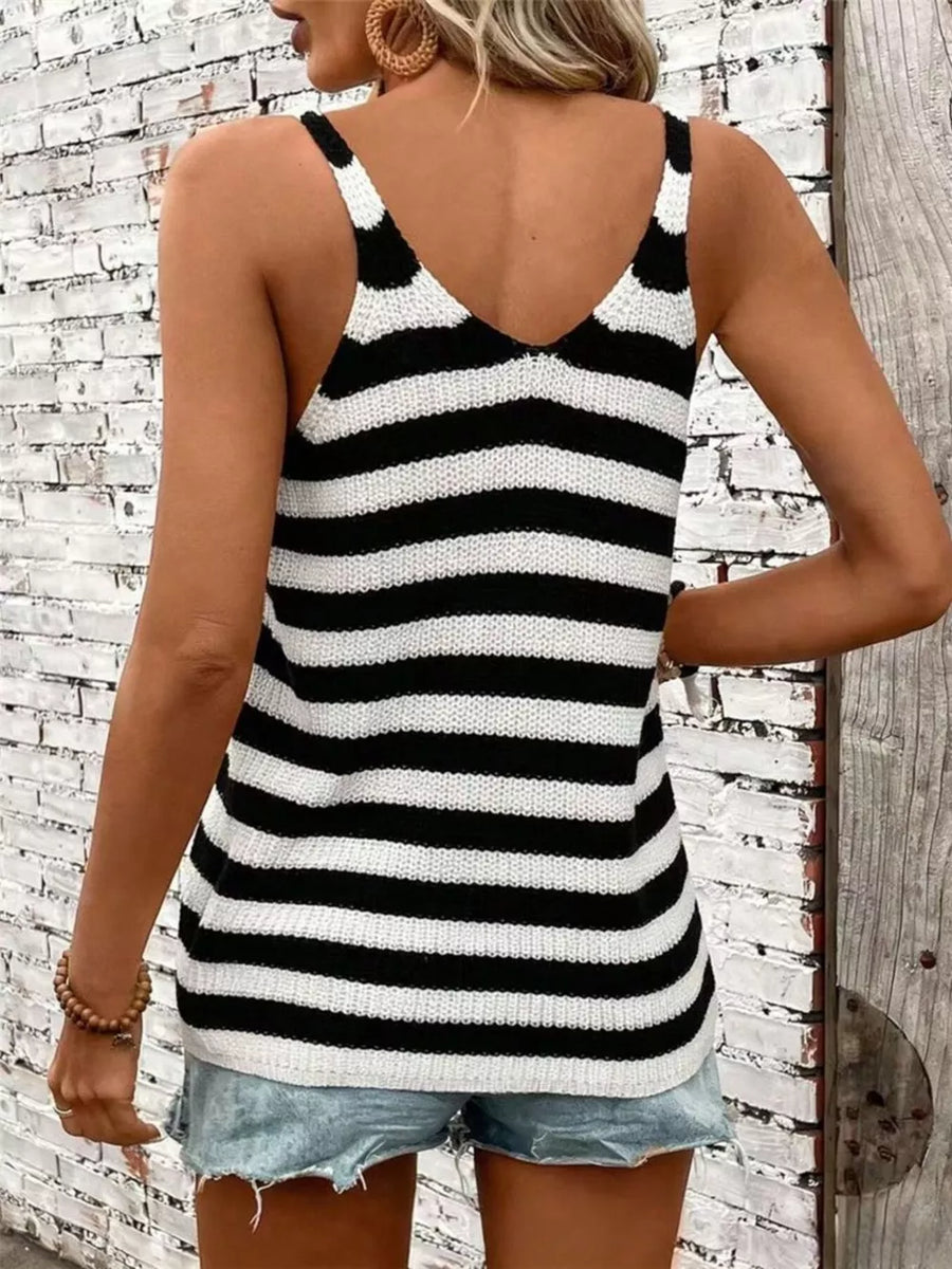 Relaxed black and white striped V-neck knit tank top with spaghetti straps.