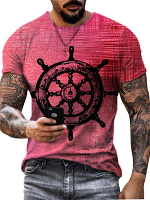 Men's red graphic t-shirt with artistic compass print and textured pattern.