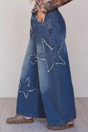 Medium with Star Decorated Wide Leg Jeans in Medium