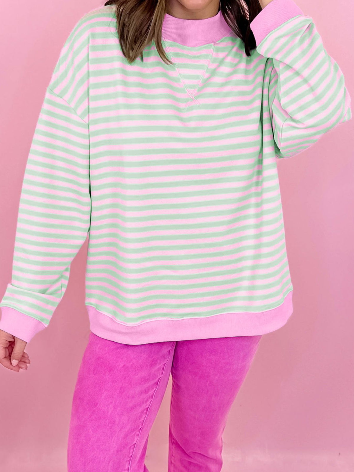 light pink sweatshirt with striped and crew neck