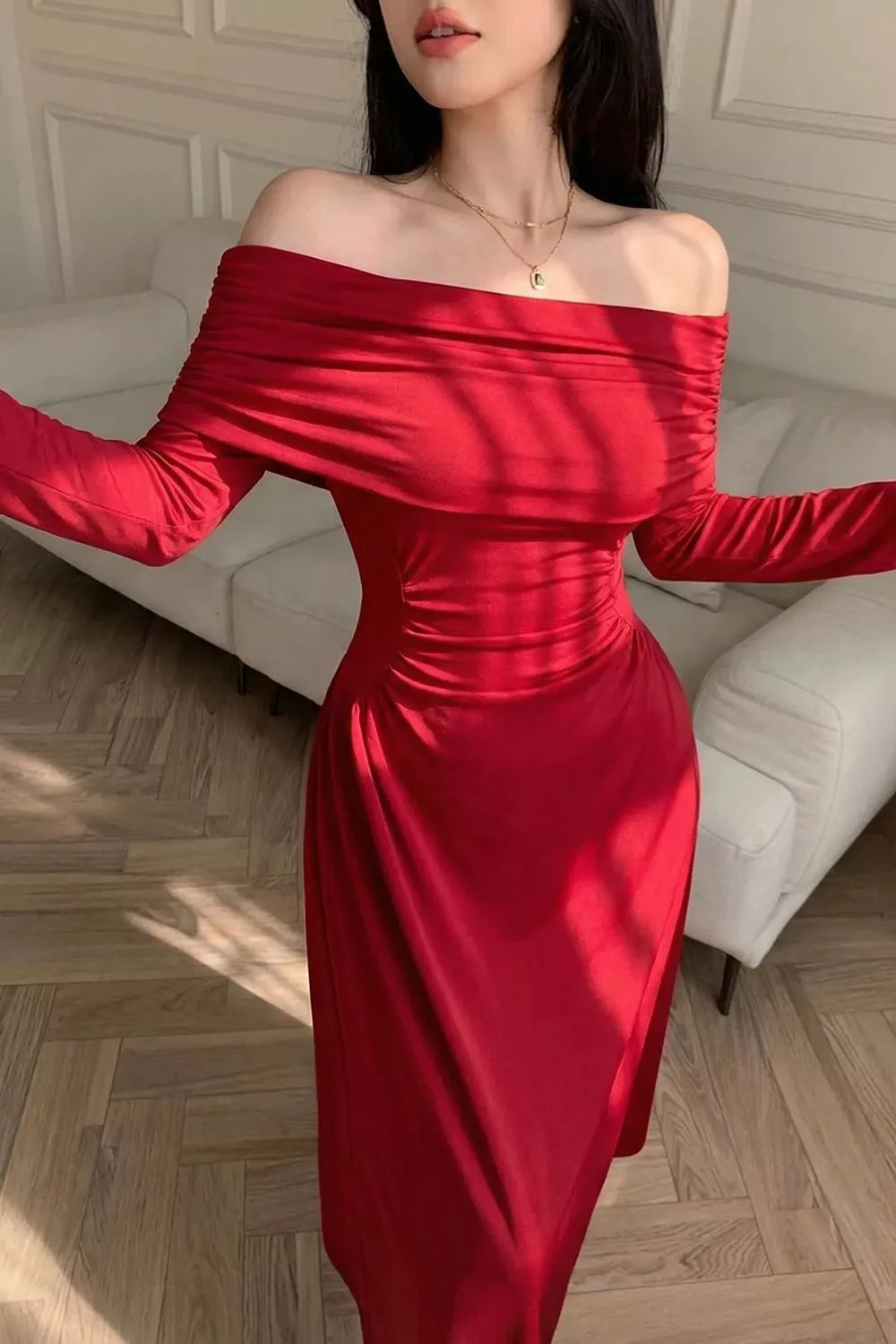 maxi dress in scarlet red featuring ruched and fitted fit