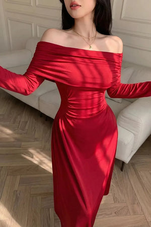 maxi dress in scarlet red featuring ruched and fitted fit
