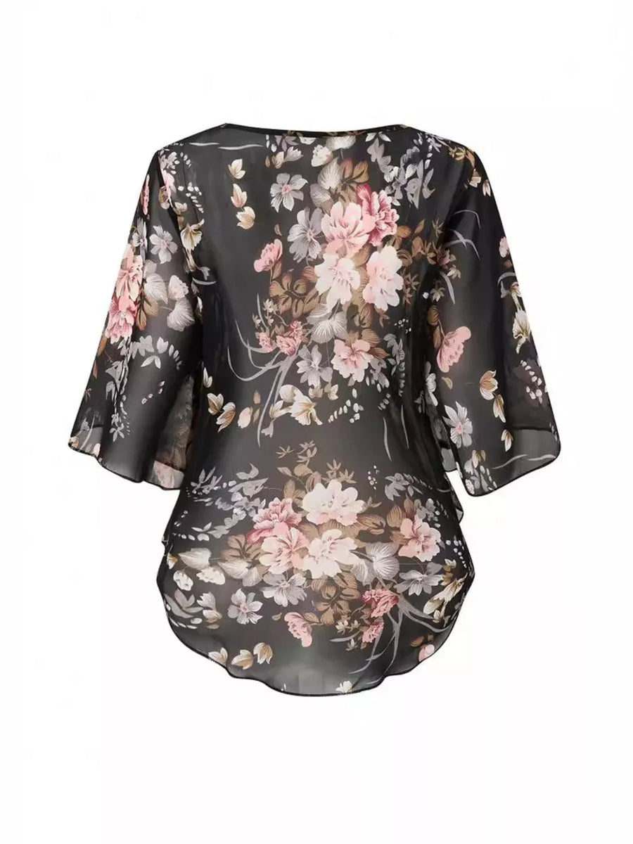 Black with Sheer Floral Print Blouse With Flutter Sleeves