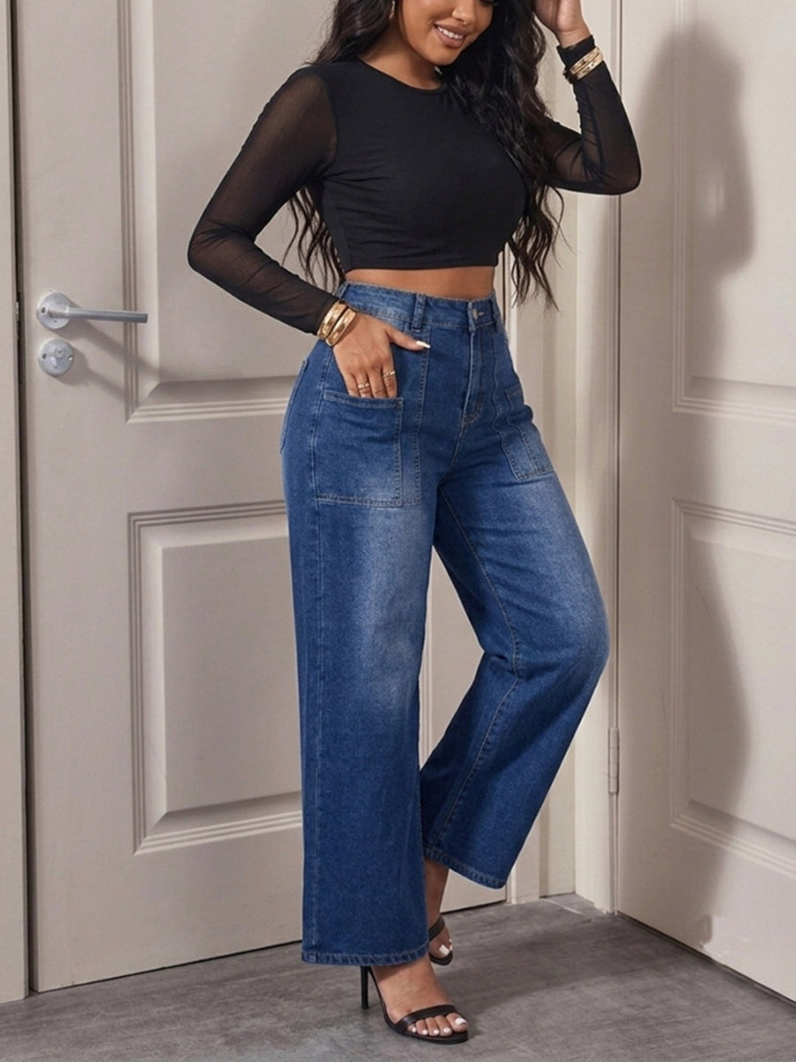 Peacock Blue wide-leg jeans with full-length and button-front