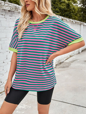 Striped Breton tee with pink and green stripes and neon green trim.