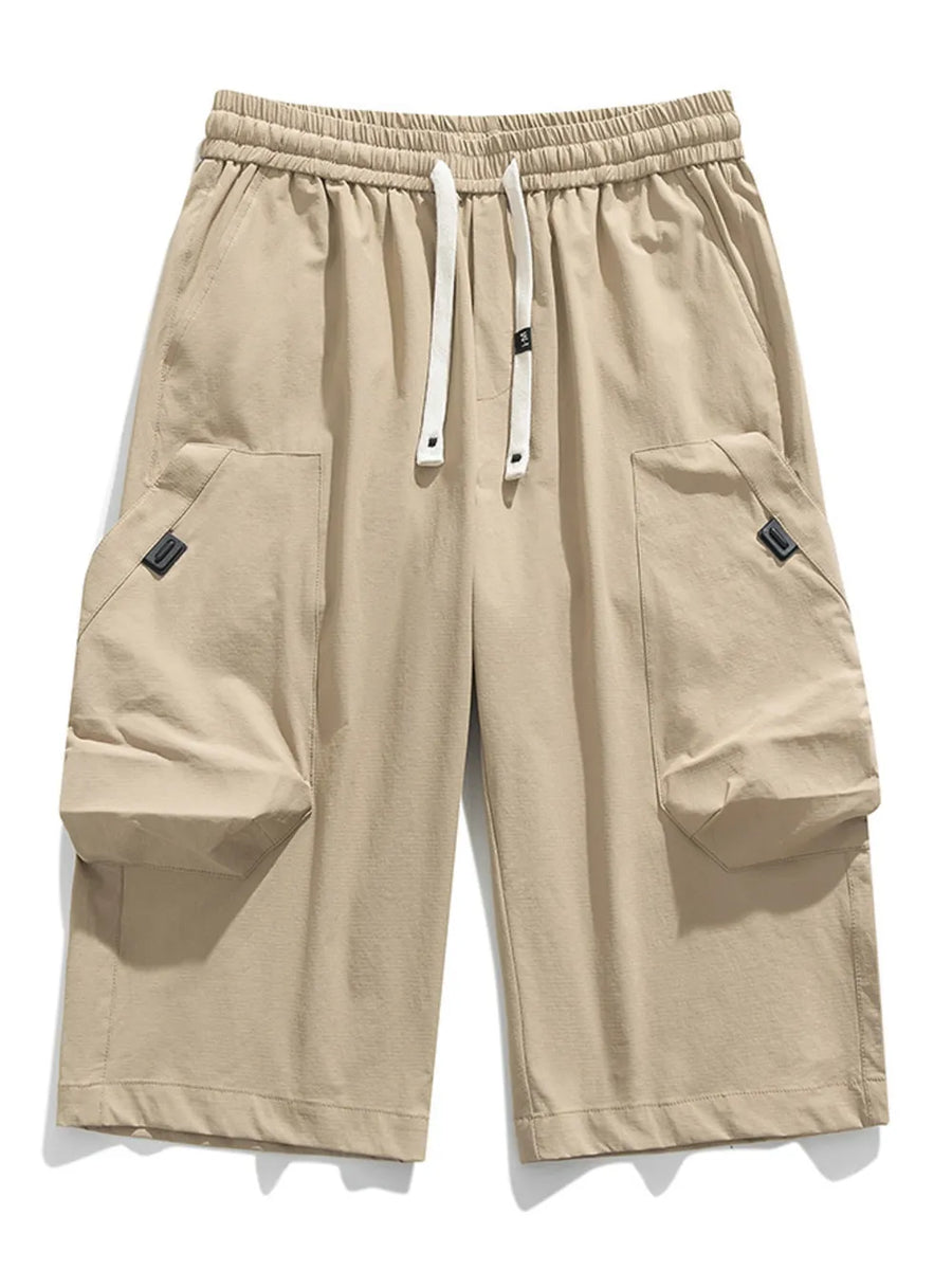 Khaki cargo capris with adjustable drawstring and side pockets