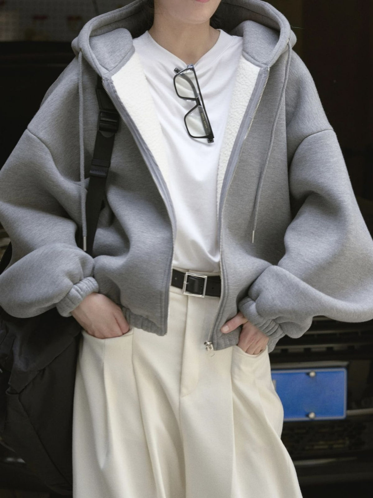 streetwear zip hoodie in White with hooded