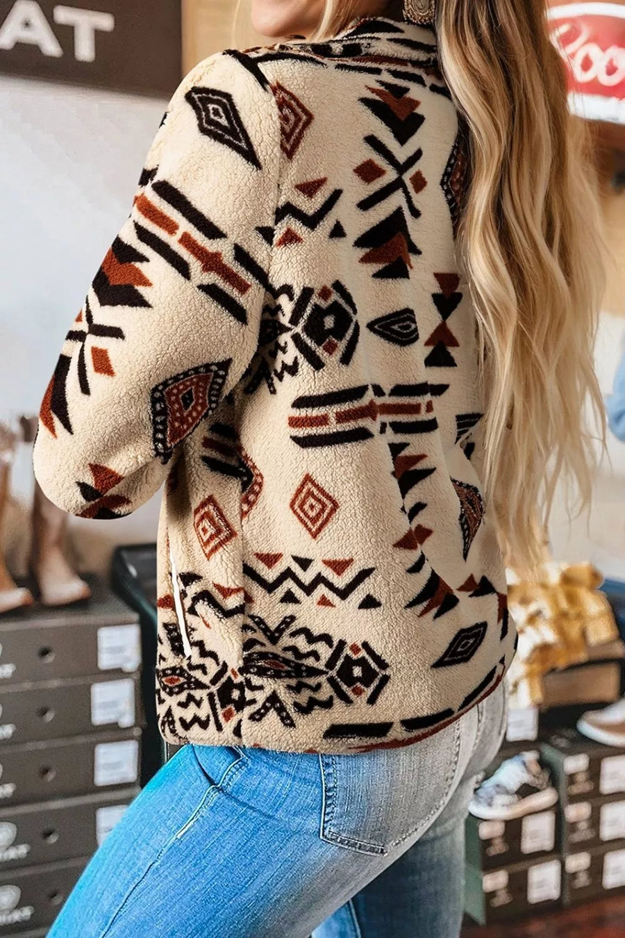 Black with Aztec Print Fleece Snap Down Sweatshirt in Black