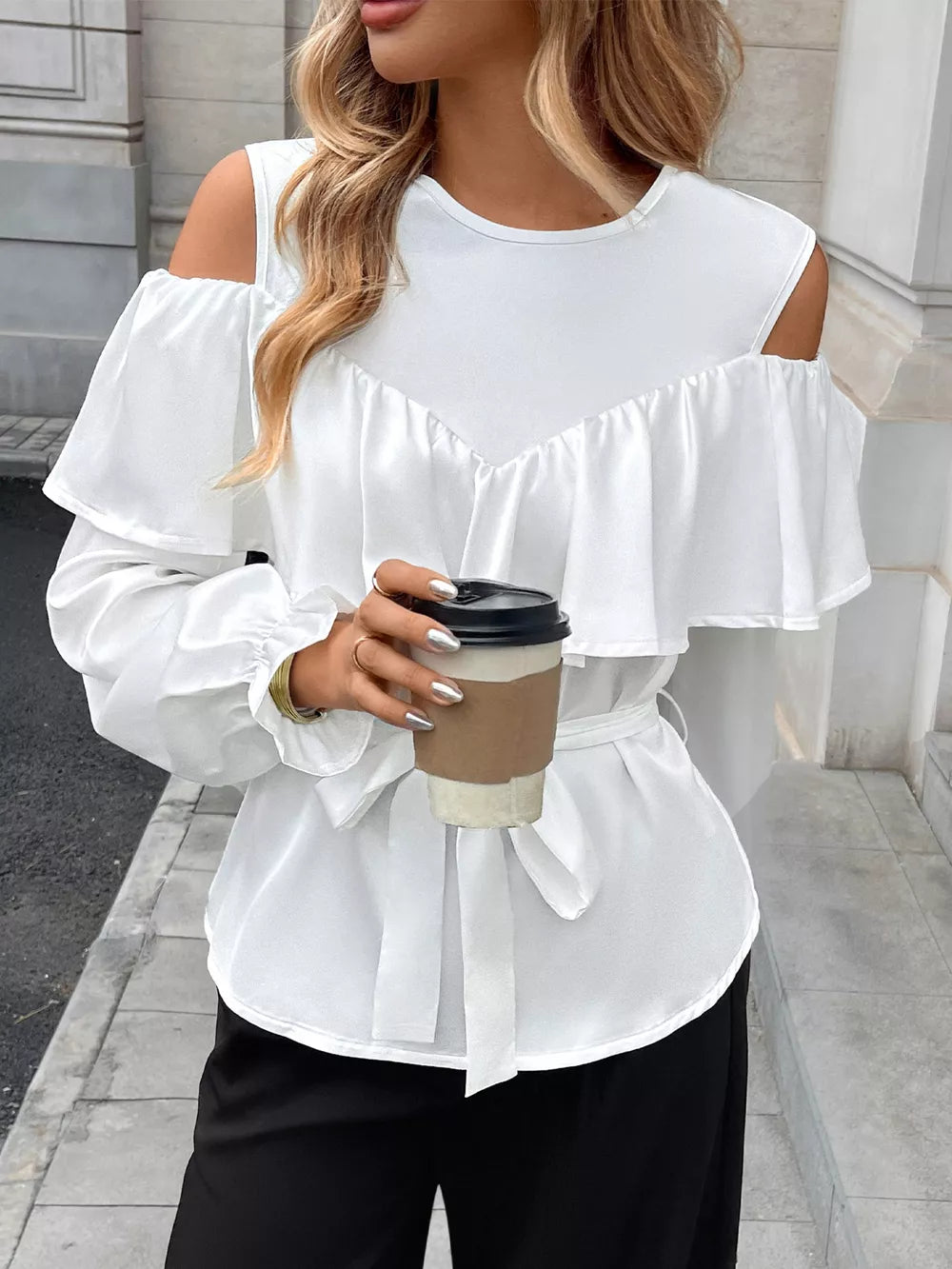 White ruffled cold shoulder maternity blouse with tie belt