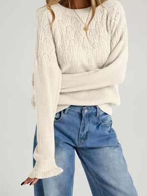 ivory pullover sweater with pointelle knit and crew neck
