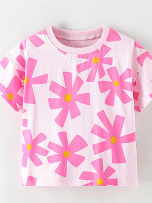 Pink cotton t-shirt for kids with a playful pink floral print and yellow centers.