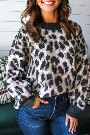 oatmeal pullover sweater with ribbed cuffs and long sleeve